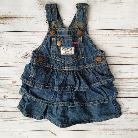 OshKosh Denim Ruffle Overall Dress 3mo Jumper Adjustable Shoulder Tier Vestbak - Picture 1 of 3